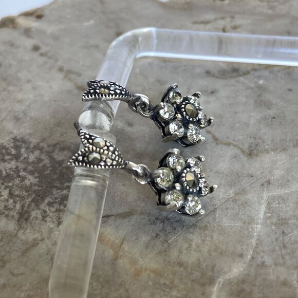 Sterling Silver 925 Cubic Zirconia & Marcasite Flower Dangle Stud Earrings - Picture 12 of 16